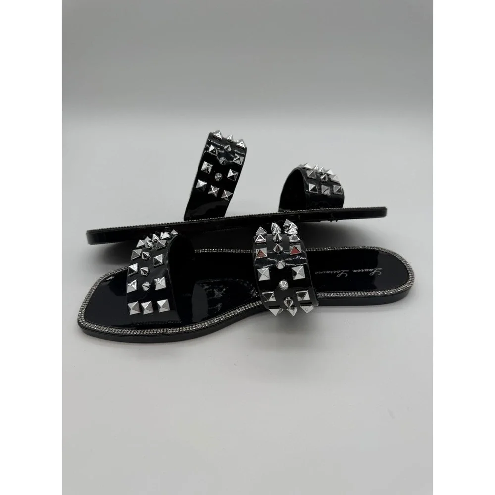 Lauren Lorraine Black Patent Jelly Studded Slide Sandals Silver Pyramid Stud 8.5